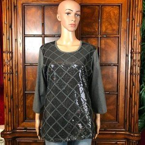 Smoke Grey Cotton Blend Diamond Sequin Bracelet Sleeve Top